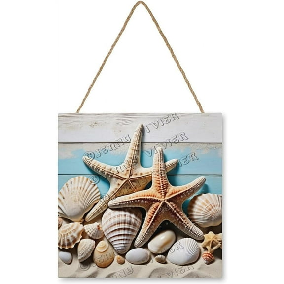 Shell, Conch, And Starfish Wooden Sign Ocean Beach Bathroom Wall Decors MDF Hanging Wood Plaques for Living Room Laundry Bathroom Spa Washroom 12x12 Inch