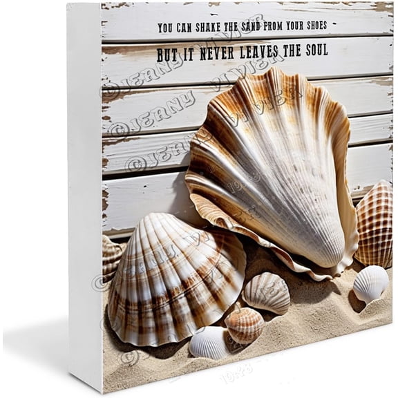 Shell, Conch Wooden Box Sign Summer Gifts for Men Funny Beach Decor for Bathroom Boho Girls Room Decor Desk Centerpiece Wood Block Signs For Shelf Desk Decoration 5x5 in