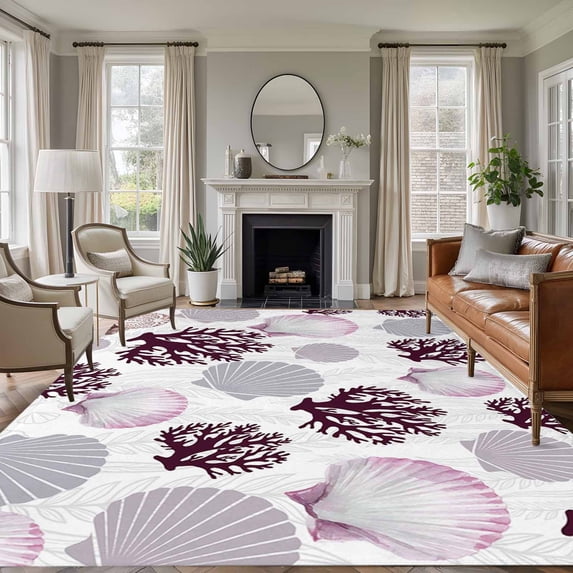 Shell Coral Coastal Area Rugs 6'x9', Washable Small Throw Rugs for Kitchen Dining room, Nautical Summer Beach Ocean Sea Indoor Outdoor Rug Non-Slip Low Pile Carpet Runner Reversible Floor Mats