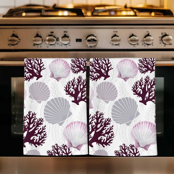 Shell Coral Coastal Kitchen Towels Set of 3, Nautical Summer Beach Ocean Sea Absorbent Dish Towels for Kitchen, Microfiber Hand Towel, Quick Drying Tea Towel for Cleaning Decorative Dishcloths
