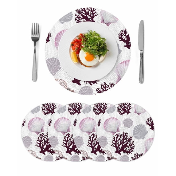 Shell Coral Coastal Round 13 Inch Placemats Set of 4, Nautical Summer Beach Ocean Sea HeatResistant Non Slip Place Mats for Dining Table, Wipeable Braided Kitchen Table Mats for Housewarming