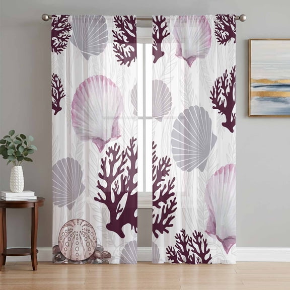 Shell Coral Coastal Sheer Curtains 108 Inch Length 2 Panels Set for Living Room/Bedroom, Nautical Summer Beach Ocean Sea Semi Curtain Sheers Drapes Rod Pocket Curtains Window Treatment 52''x108''x2
