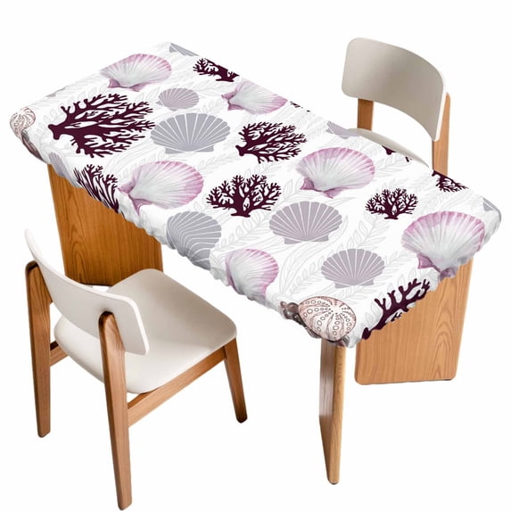 Shell Coral Coastal Table Cloths for 3 Foot Rectangle Tables, Nautical Summer Beach Ocean Sea Patio Waterproof Elastic Fitted Tablecloths, Washable Rectangular Table Cover for Camping