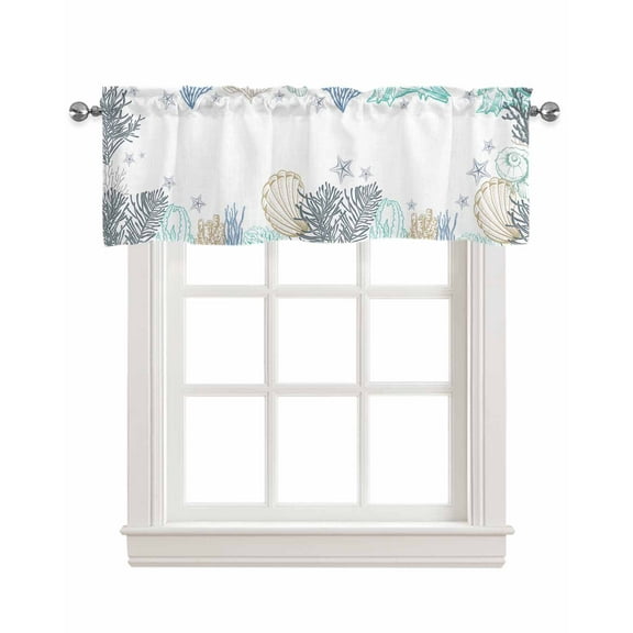 Shell Coral Linen Curtain Valance for Bedroom/Bathroom/Kitchen/Office/Living/Dining Room Windows,Abstract Ocean Starfish Sea Grass Summer Rod Pocket Topper Drapes Decorative Cafe Drapery Panel 42x18