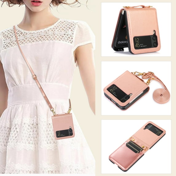 Shell Cover Case for Samsung Galaxy Z Flip 3 5G with Crossbody Lanyard Strap & Card Holder, PU Leather Anti-Scratch Drop Proof Anti-Drop Flip Phone Case for Samsung Z Flip3 5G 6.7", Rosegold