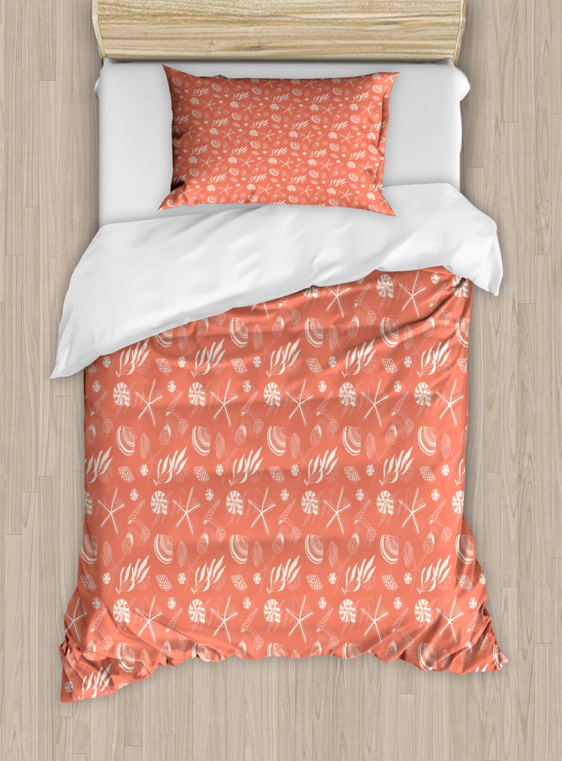 Shell Duvet Cover Set Twin Size, Underwater Creatures Starfish Seaweed Scallop Periwinkle Shell and Mollusca, Decorative 2 Piece Bedding Set with 1 Pillow Sham, Coral and Cream, by Ambesonne