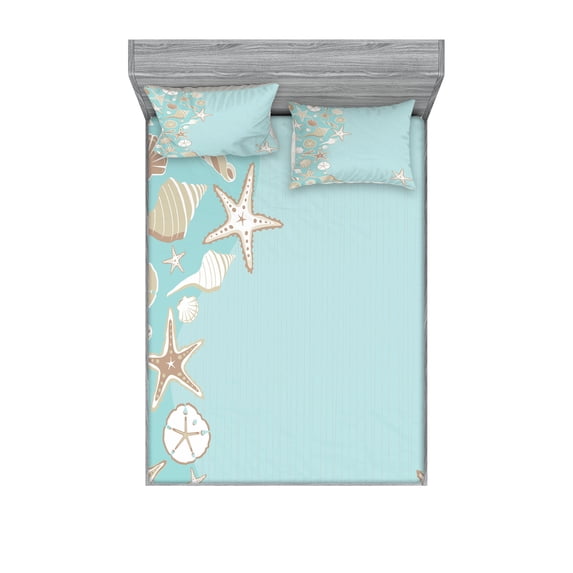 Shell Fitted Sheet & Pillow Sham Set, Thin Lines and Various Creative Seashells Beach Party Theme, Decorative Printed 6 Piece Bedding Decor Set, Queen, Seafoam Warm Taupe, by Ambesonne