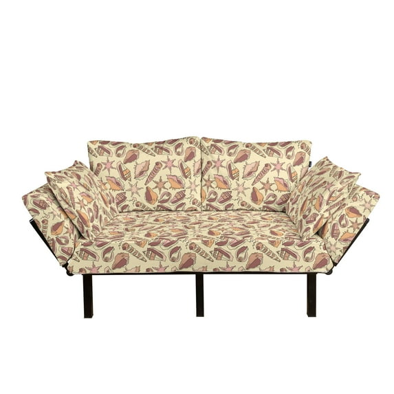 Shell Futon Couch, Abstract Design Different Seashells Doodle Pastel Tone Coastal Pattern, Daybed with Metal Frame Upholstered Sofa for Living Dorm, Loveseat, Multicolor, by Ambesonne