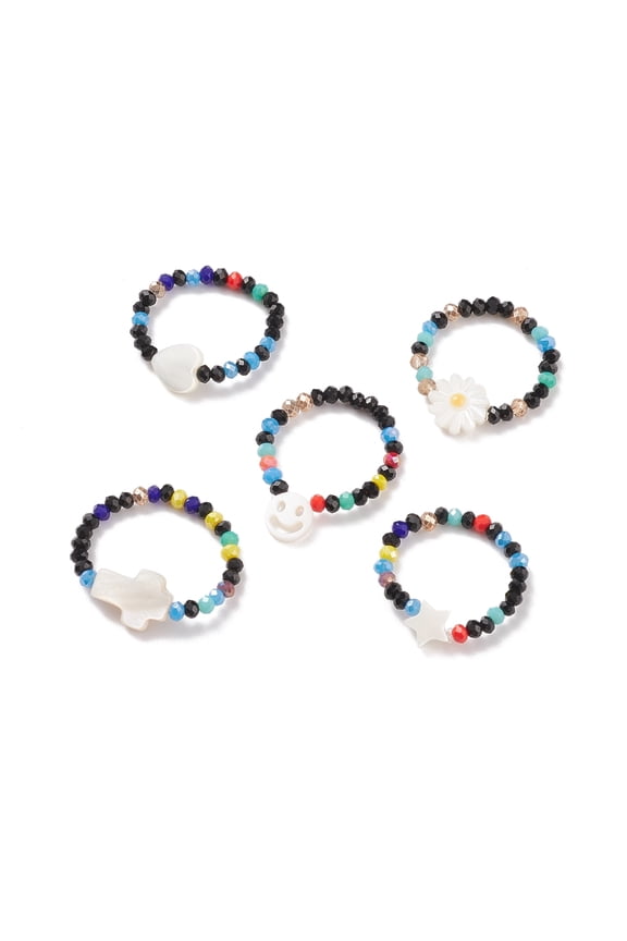 Shell & Glass Beaded Stretch Finger Ring for Women Mixed Patterns Size 7 3/4(17.9mm)