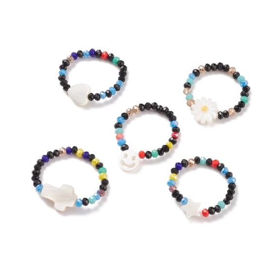 Shell Glass Beaded Stretch Finger Ring for Women Mixed Patterns US Size 7 3/4(17.9mm)