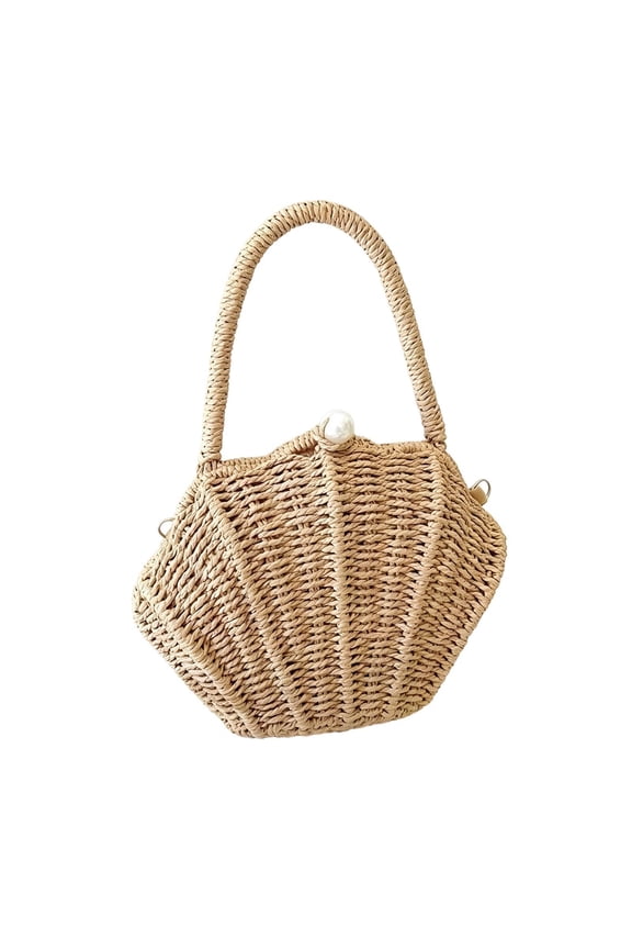 Shell Handbag - 20cm Handwoven Phone Wallet Bag, Seashell Handbag, Top Handle Clutch | For Summer Beach Wedding Evening Vacation Spring Party Shopping Woven Purse Tote Bohemian Straw Rattan