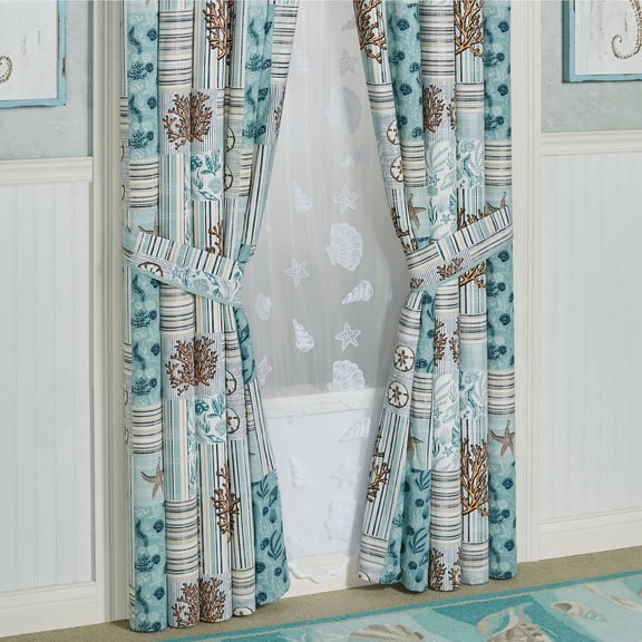 Shell Harbor Coastal Aqua Blue Window Curtain Pair Tailored 84 x 63