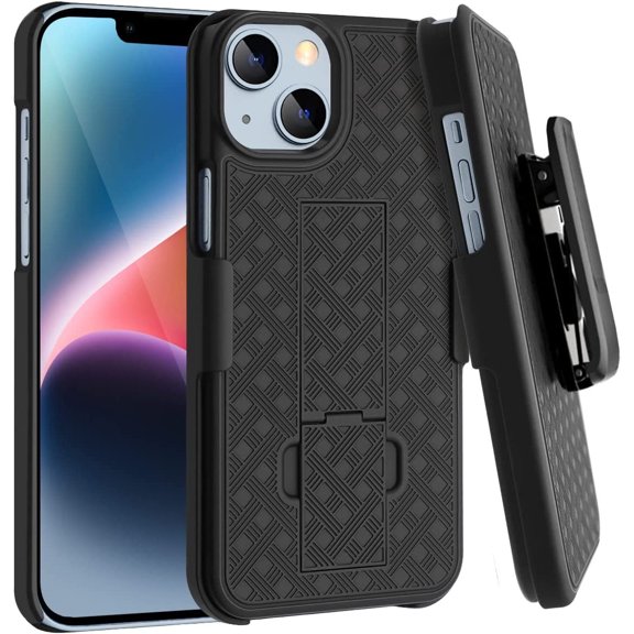 Shell Holster Kickstand Case with Spring Belt Clip for iPhone 15 - Black