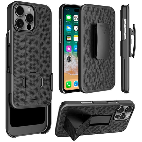 Shell Holster Kickstand Case with Spring Belt Clip for iPhone 16 Pro Max - Black