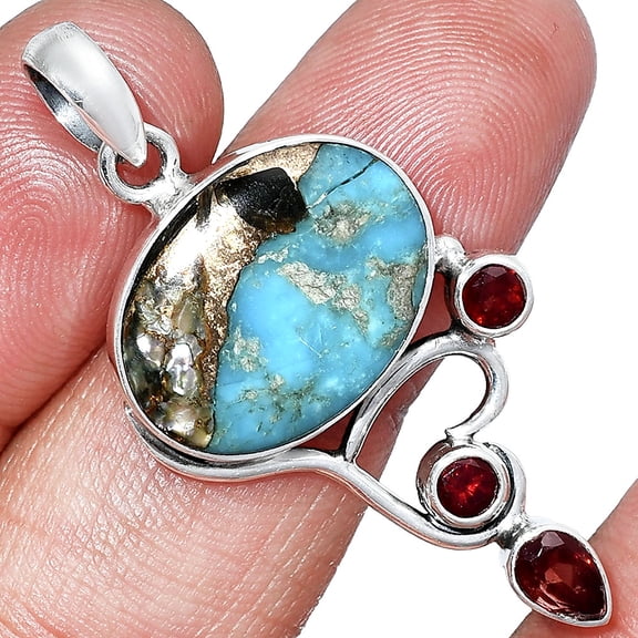 Shell In Black Blue Turquoise & Garnet 925 Silver Pendant Jewelry P-1293 SDP152651