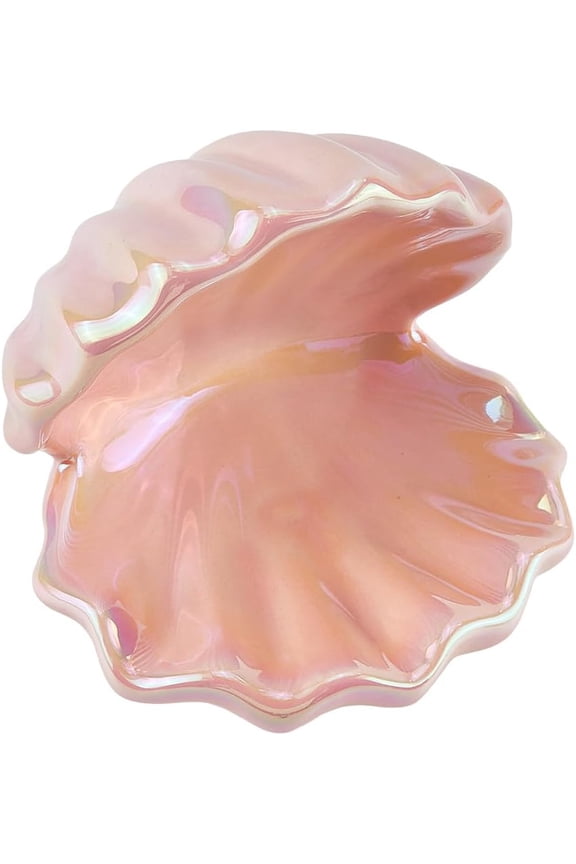 Shell Jewelry Dish Tray Ceramic Trinket Tray Pearl Pink Clamshell Jewelry Organizer Dish Ring Holder Tray Key Bowl Decorative Plate Storage for Rings Necklaces Earring 4.5x4.5x4.5Inch