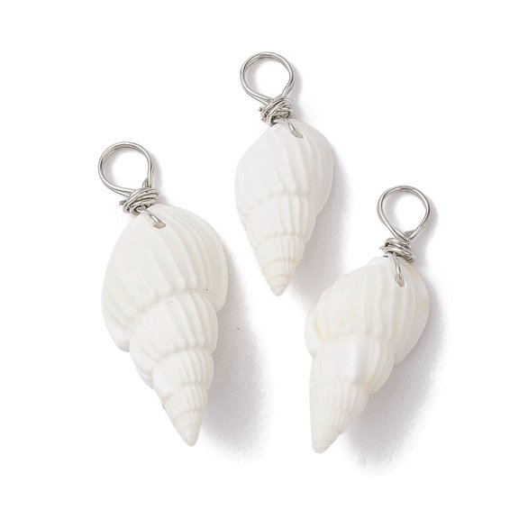 Shell Natural Trumpet Shell Pendants Shell Shape Charms with Copper Wire Loops Platinum 25~30.5x9.5~12x7.5~9.5mm Hole: 3.5mm