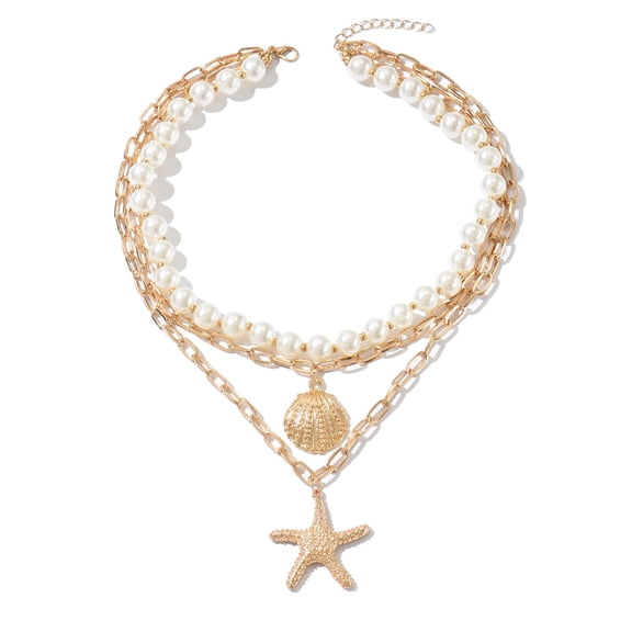 Shell Necklaces for Women Layered Gold Boho Beaded Seashell Choker Adjustable Pearl Starfish Necklace Beach Jewelry Summer Accessories for Women
