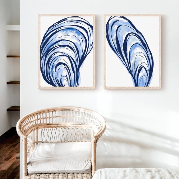 Shell New England Decor Blue Seashells Diptych Art Prints or Canvases Poster Set 2