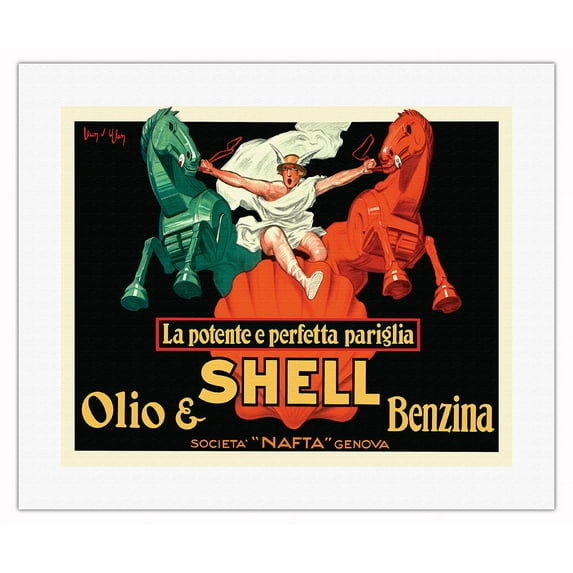 Shell Oil and Gasoline (Olio e Benzina) - The Powerful and Perfect Match - Vintage Italian Advertising Poster by Jean d'Ylen c.1927 - Fine Art Rolled Canvas Print 16in x 20in