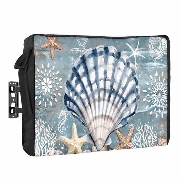 Shell Outdoor TV Cover 70 to 75 inch Weatherproof Waterproof, Coral Starfish TV Enclosures with Remote Control Pocket Flat Screen Protector for Outside