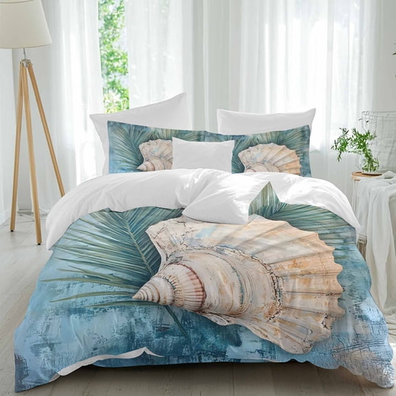 Shell Palm Leaf Duvet Cover Set Queen Size, Ocean Conch 4 Piece Soft Microfiber Bedding Set with 1 Duvet Cover, 1 Flat Sheet, 2 Pillowcases