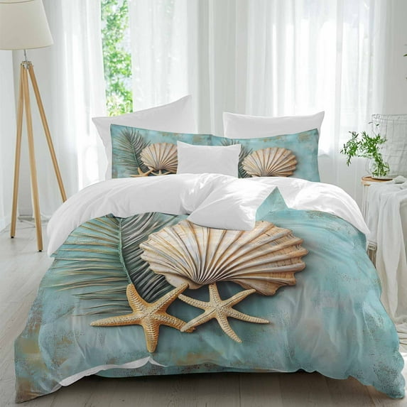Shell Palm Leaf Duvet Cover Set Queen Size, Ocean Conch Starfish 4 Piece Soft Microfiber Bedding Set with 1 Duvet Cover, 1 Flat Sheet, 2 Pillowcases