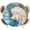 thumbnail image 1 of Shell Palm Leaf Round Fitted Table Cover Ocean Conch Blue Retro Background Waterproof Table Cloth with Elastic Edge Wipeable Tablecloth for Picnic Camping Party Fits 36"-44" Diameter, 1 of 8