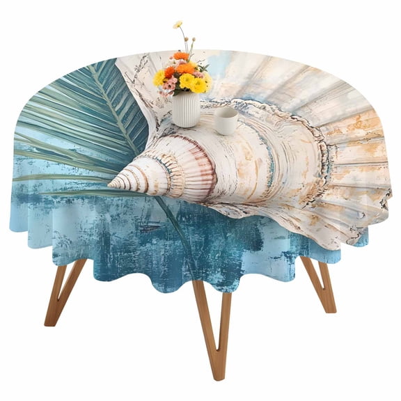 Shell Palm Leaf Round Tablecloth 54 inches Ocean Conch Blue Retro Background Waterproof Oil-Proof Table Cloth Round Table Cover for Holiday Party Picnic Dinner Decor Indoor and Outdoor Use