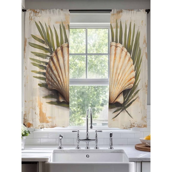 Shell Palm Leaf Sheer Curtains 72 Inches Long 2 Panels Ocean Light Filtering Semi Sheer Window Curtains Drapes for Bedroom Living Room 52"x72"