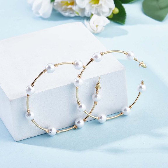 Shell Pearl Beaded Big Circle Stud Earrings Alloy Half Hoop Earrings for Women Golden 65mm Pin: 0.8mm