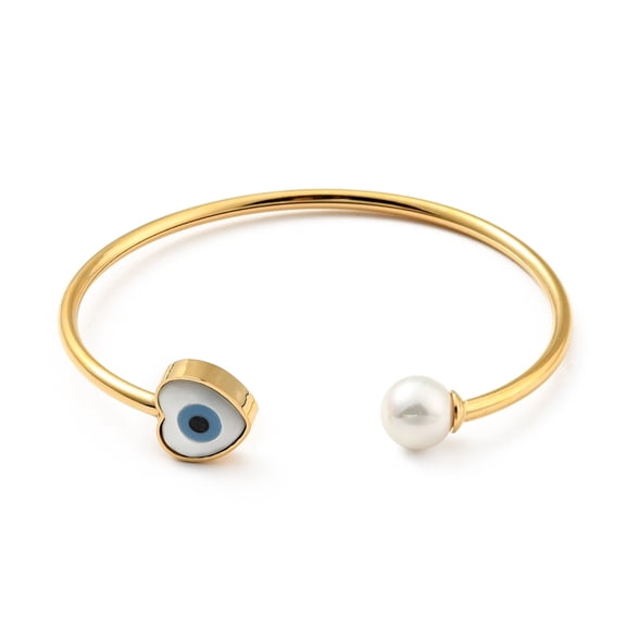 Shell Pearl & Heart with Evil Eye Open Cuff Bangle 304 Stainless Steel Jewelry for Woman Golden Inner Diameter: 1-3/4x2-1/8 inch(4.6x5.45cm)