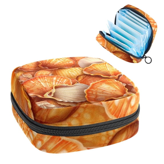 Shell Period Bag Sanitary Napkin Purse Small Coin Pouch Travel Waist Pouch Organizer Case 4.7x6.6x6.6 in Made of Velvet Cloth, Sponge