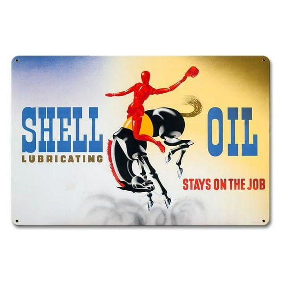 Shell SHL366 18 x 12 in. Shell Lubricating Oil Stays On The Job Satin Metal Sign