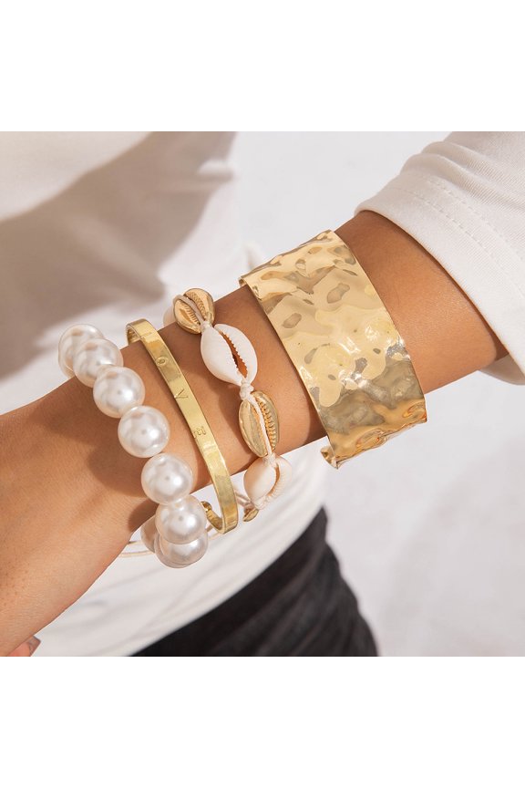 Shell Shape Alloy & Iron & CCB Plastic & Plastic Pearl Bangles set Golden Inner Diameter: 1-3/4~2-5/8 inch(4.3~6.6cm) 4pcs/set