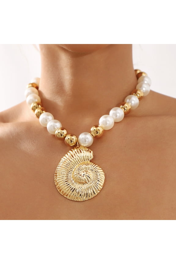 Shell Shape Alloy Pendant Plastic Imitation Pearl CCB Plastic Round Beaded Necklaces for Women White Golden 14.96~17.91 inch(38~45.5cm)