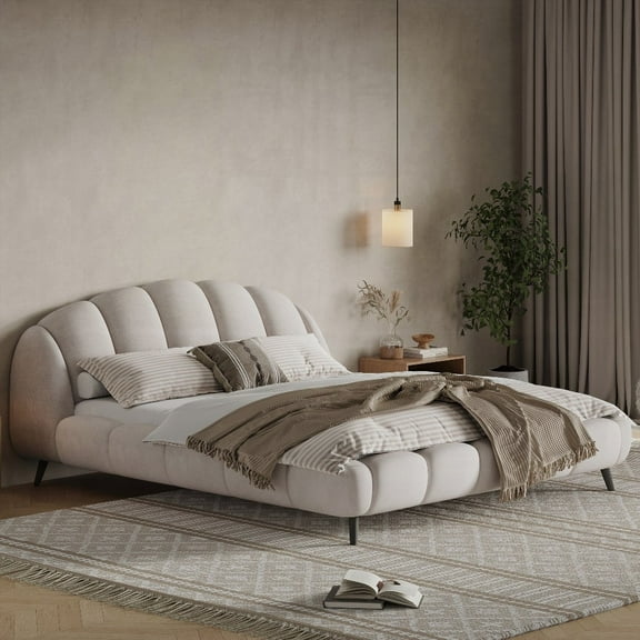 Chenille Upholstered King Size Platform Bed, Shell-Shape Design, Beige - Thick Headboard & Footboard for Comfort