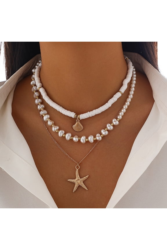 Shell Shape & Starfish Alloy & Plastic Pearl & Polymer Clay Pendant 3 Layered Necklaces for Women White Iron Chain Necklaces Golden 14.57~18.11 inch(37~46cm) Alloy