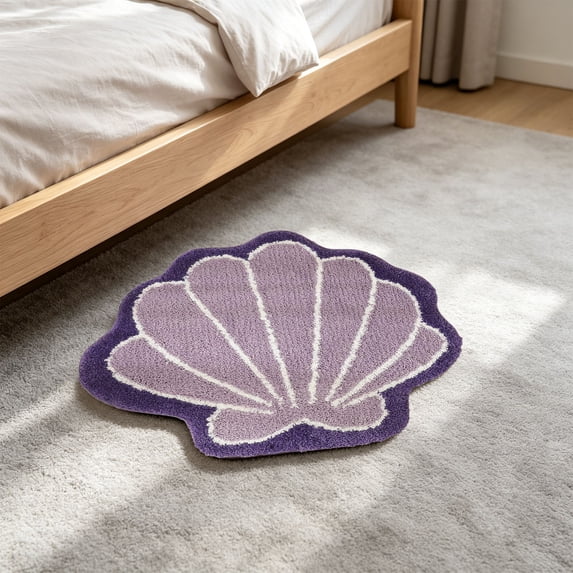 Shell Shaped Microfiber Bath Mat 40×40cm,Absorbent Non-Slip Cute Scallop Rug Washable Floor Mat for Bathroom Bedroom Entryway Home Decor,Purple