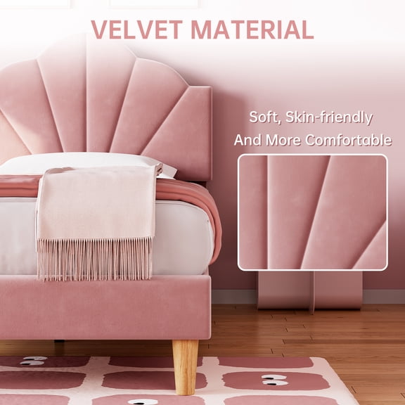 Shell-Shaped Soft Upholstered Platform Bed Frame – Twin Size, Pink – Adjustable Headboard, Strong Wood Slats, Sturdy Metal Frame, Noise-Free, No Box Spring Needed – Color: Pink, Size: TWIN