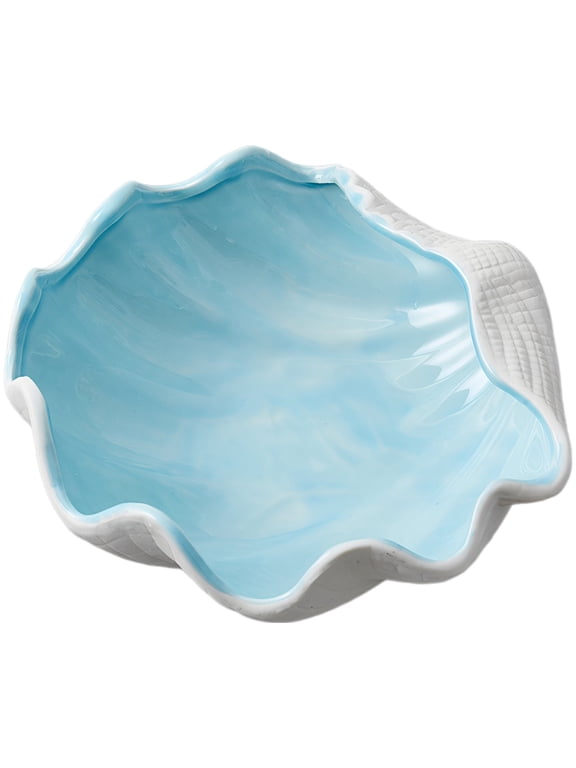 Shell Shaped Trinket Dish, Blue & White Nautical Decorative Ceramic Jewelry Organizer, Seashell Candy Container, Marine Themed Water Planter for Home Decor Accent, 7.1 x 6.7 x 2.4 in