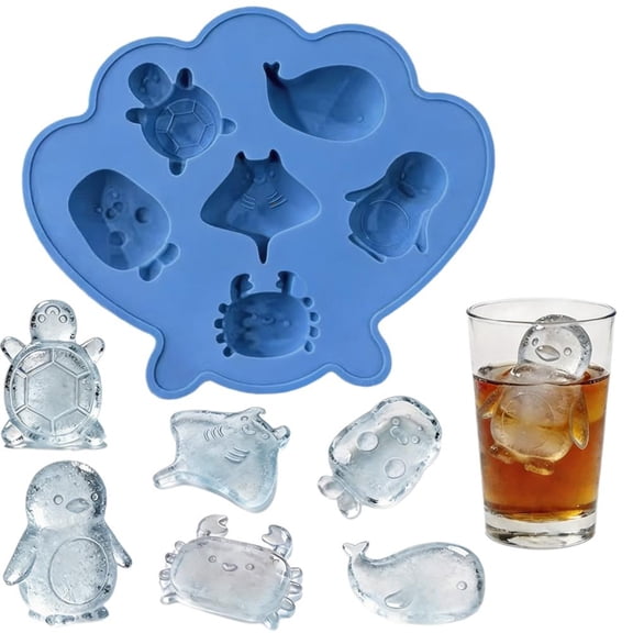 Shell Silicone Ice Cubes, Marine Chocolate Mold, Mini Ice Cubes Trays, Ice Tray with Cute Marine Life Shapes Cubes for Freezer Home, Kitchen, Drinks - Blue