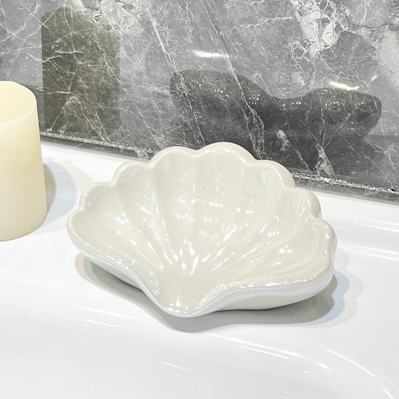 Shell Soap Dish with Self Draining Design, Beautiful Decorative Tray, Ceramic Soap Dish Holder for Bathroom Sink