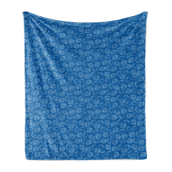 Shell Soft Flannel Fleece Blanket, Aquatic Summer Nautical Theme Outline Simplistic Pattern of Various Seashells, Cozy Plush for Indoor and Outdoor Use, 50" x 60", Cobalt Blue White, by Ambesonne