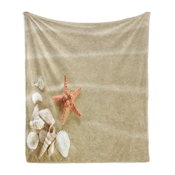 Shell Soft Flannel Fleece Blanket, Exotic Seashells on Sand Simplistic Tranquil Travel Summer Photography, Cozy Plush for Indoor and Outdoor Use, 70" x 90", Pale Sepia Salmon Ivory, by Ambesonne