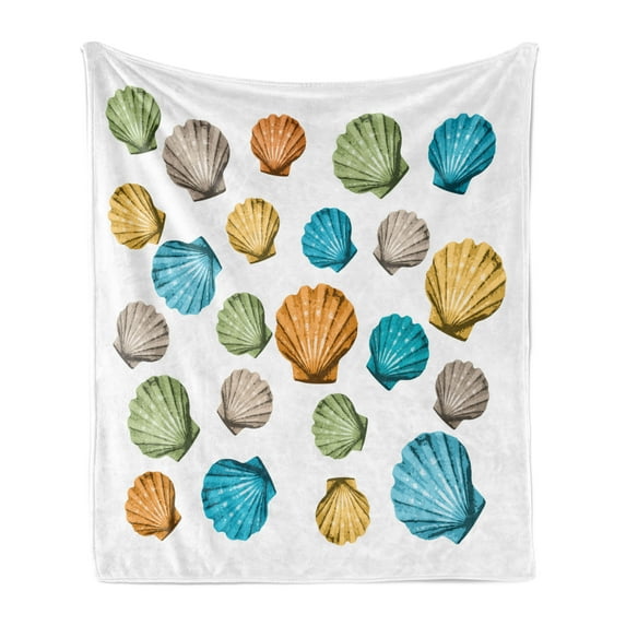 Shell Soft Flannel Fleece Throw Blanket, Pattern with Colorful Seashells Scallop Illustration, Cozy Plush for Indoor and Outdoor Use, 60" x 80", Multicolor, by Ambesonne