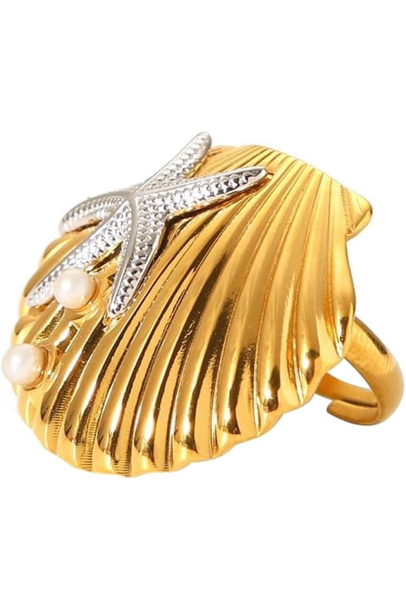 Shell Starfish Adjustable Ring for Women Gold Plated Stainless Steel 2-Tone Ocean Jewelry Pearl Accent Statement Ring Open Band Unique Sea Style for Summer Beach Holiday Party Daily Wear