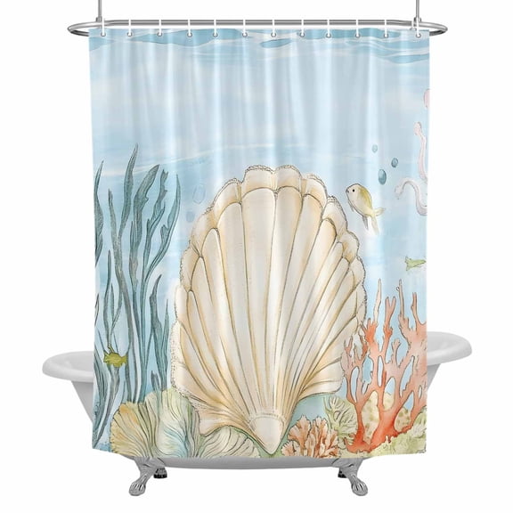 Shell Starfish Bathroom Shower Curtain, Watercolor Fish Seaweed Nautical Ocean Waterproof Washable Soft Bath Curtain for Bathtub Decor with 12 Hooks&Grommet, 72x72 Inch