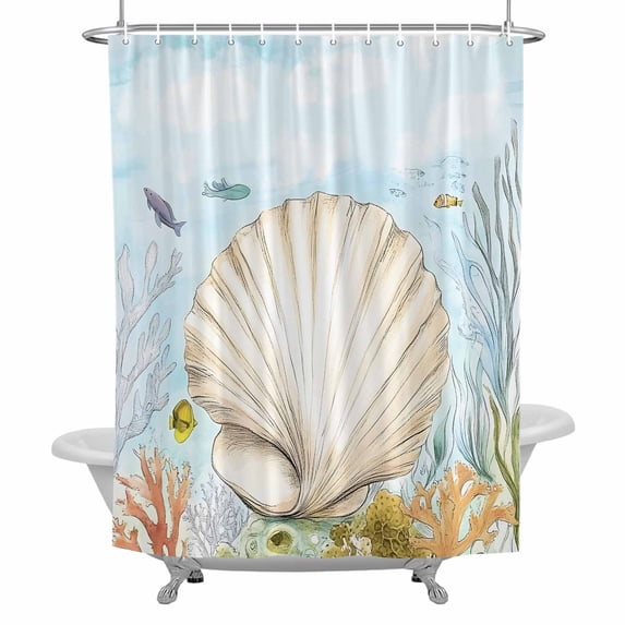 Shell Starfish Bathroom Shower Curtain, Watercolor Fish Seaweed Nautical Waterproof Washable Soft Bath Curtain for Bathtub Decor with 12 Hooks&Grommet, 66x72 Inch