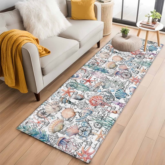 Shell Starfish Coastal 2'x6' Runner Rugs for Hallway Kitchen Bedside Non Slip Washable, Nautical Ocean Summer Beach Entryway Rug Runners with Rubber Backing, Long Carpet Runner for Laundry Room